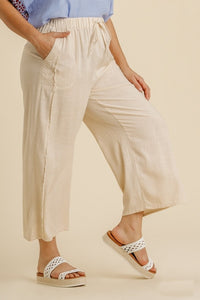 Umgee Drawstring Linen Blend Pants with Frayed Edges in Oatmeal Pants Umgee   