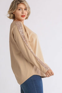 Umgee French Terry Top with Sequin Details in Sand  Umgee   