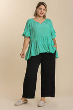 Load image into Gallery viewer, Umgee Tiered Top with Mandarin Collar Split Neckline in Emerald Shirts &amp; Tops Umgee   
