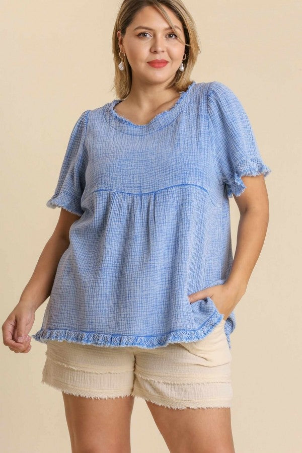 Umgee Mineral Washed Gauze Top in Cobalt Shirts & Tops Umgee   