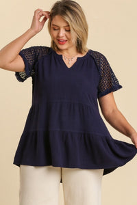 Umgee Linen Blend Tiered Top with Crochet Sleeves in Navy Shirts & Tops Umgee   