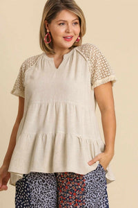 Umgee Linen Blend Tiered Top with Crochet Sleeves in Oatmeal Shirts & Tops Umgee   