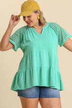 Load image into Gallery viewer, Umgee Linen Blend Tiered Top with Crochet Sleeves in Emerald Shirts &amp; Tops Umgee   
