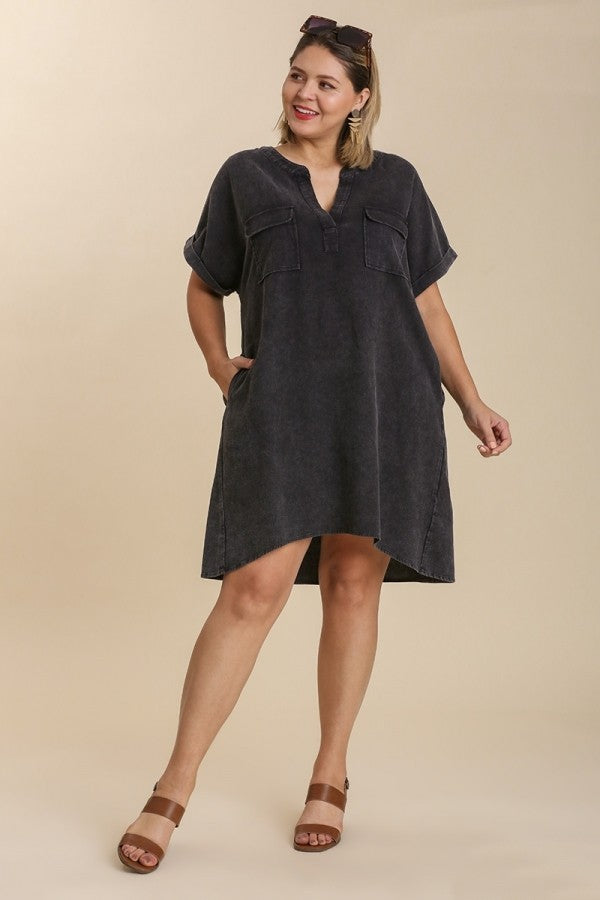 Umgee Mineral Washed Dress with Short Folded Sleeves in Charcoal  Umgee   