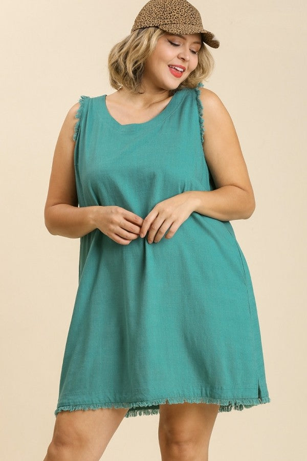 Umgee Sleeveless Linen Blend Dress with Frayed Details in Jade FINAL SALE Dresses Umgee   