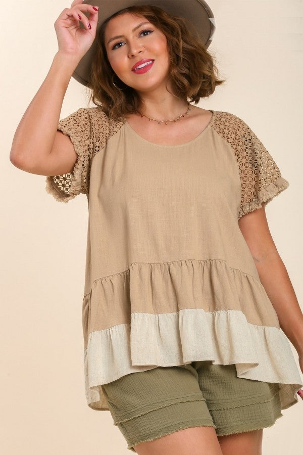 Umgee Taupe Tiered Top with Crochet Details in Taupe FINAL SALE Top Umgee   