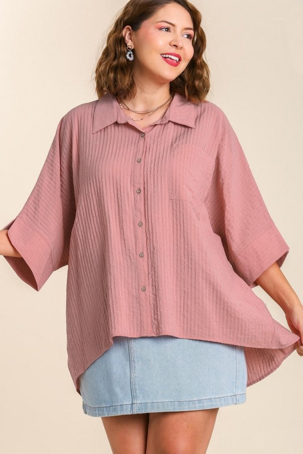 Umgee Pleated Batwing Short Sleeve Button Up Top in Mauve FINAL SALE Top Umgee   