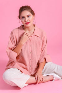 Umgee Pleated Batwing Short Sleeve Button Up Top in Mauve Top Umgee   