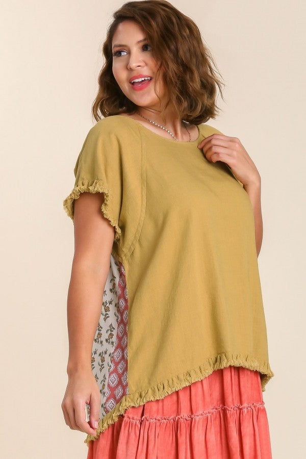 Umgee Linen Blend Top with Mixed Print Back Details in Honey Top Umgee   