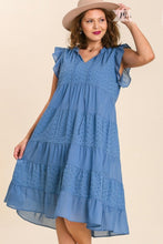 Load image into Gallery viewer, Umgee Eyelet Split Neck Tiered Maxi Dress in Slate Blue Dress Umgee   
