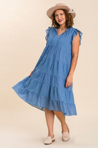 Umgee Eyelet Split Neck Tiered Maxi Dress in Slate Blue Dress Umgee   