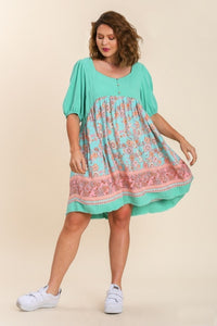 Umgee Solid and Floral Print Linen Blend Dress in Mint Mix Dress Umgee   