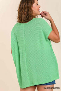 Umgee Waffle Knit Boatneck Batwing Top in Mint Green Top Umgee   