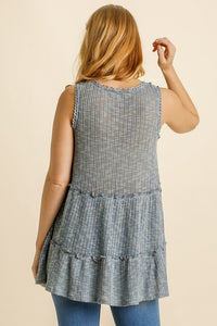 Umgee Sheer Top with Ruffle and Lace Trim in Light Denim Color Top Umgee   