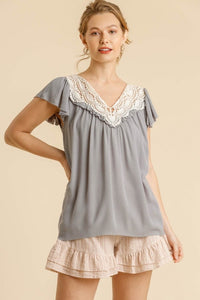 Umgee Top with Crochet Lace Details in Dove Grey Shirts & Tops Umgee   