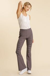 Umgee Distressed Detail Stretchy Flare Pants in Charcoal Pants Umgee   